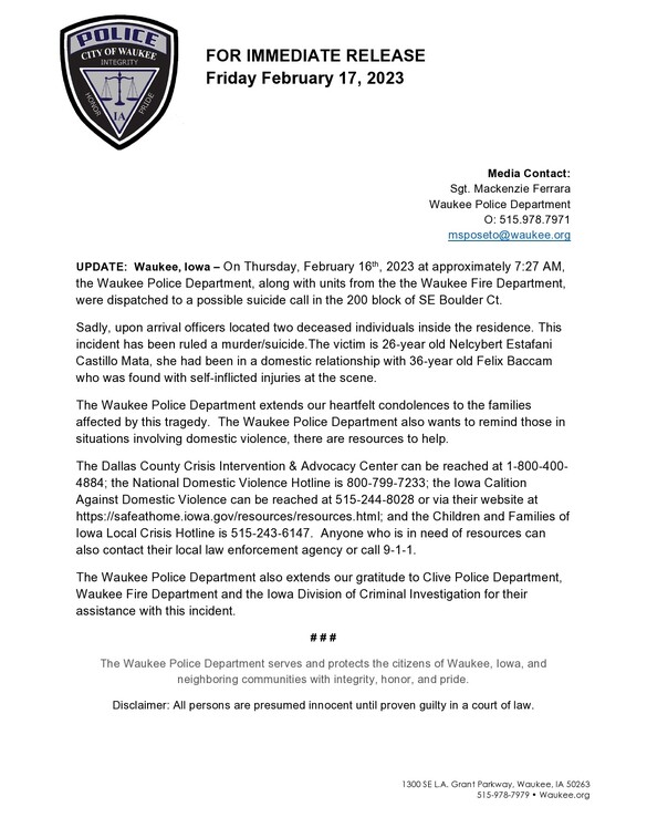 UPDATE DCI ASSISTS WAUKEE PD WITH DEATH INVESTIGATION Iowa